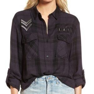 Rails Pepper Black and Deep Purple Plaid Button-Up  Onyx LA14 Military Shirt